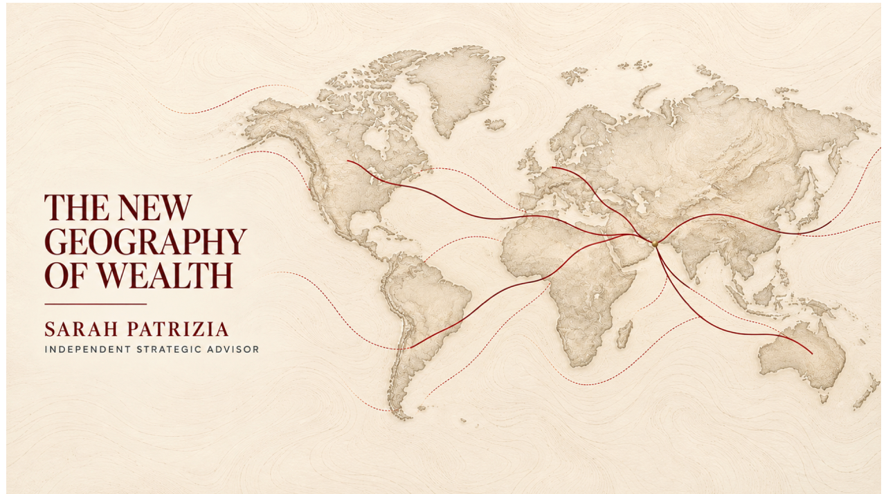 The New Geography of Wealth — a world map with routes connecting to Dubai. Sarah Patrizia, Independent Strategic Advisor.